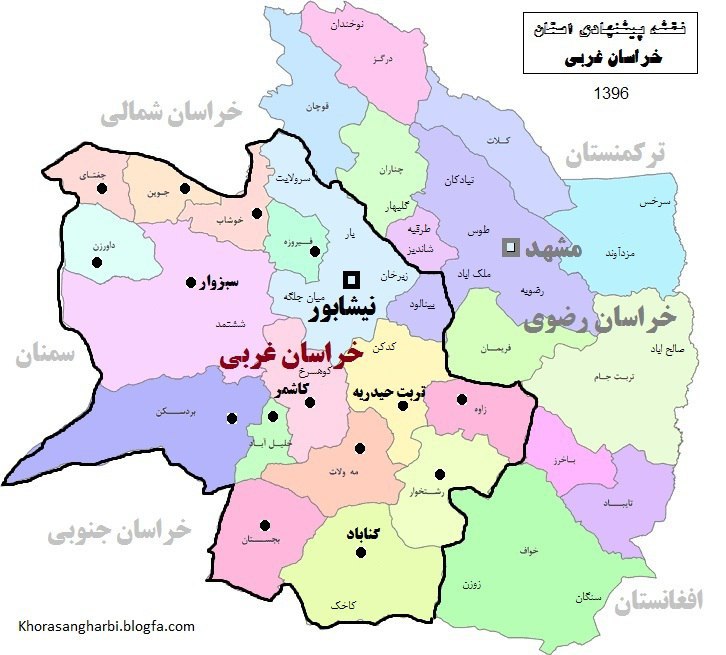 نقشه تقسیمات سیاسی استان خراسان غربی